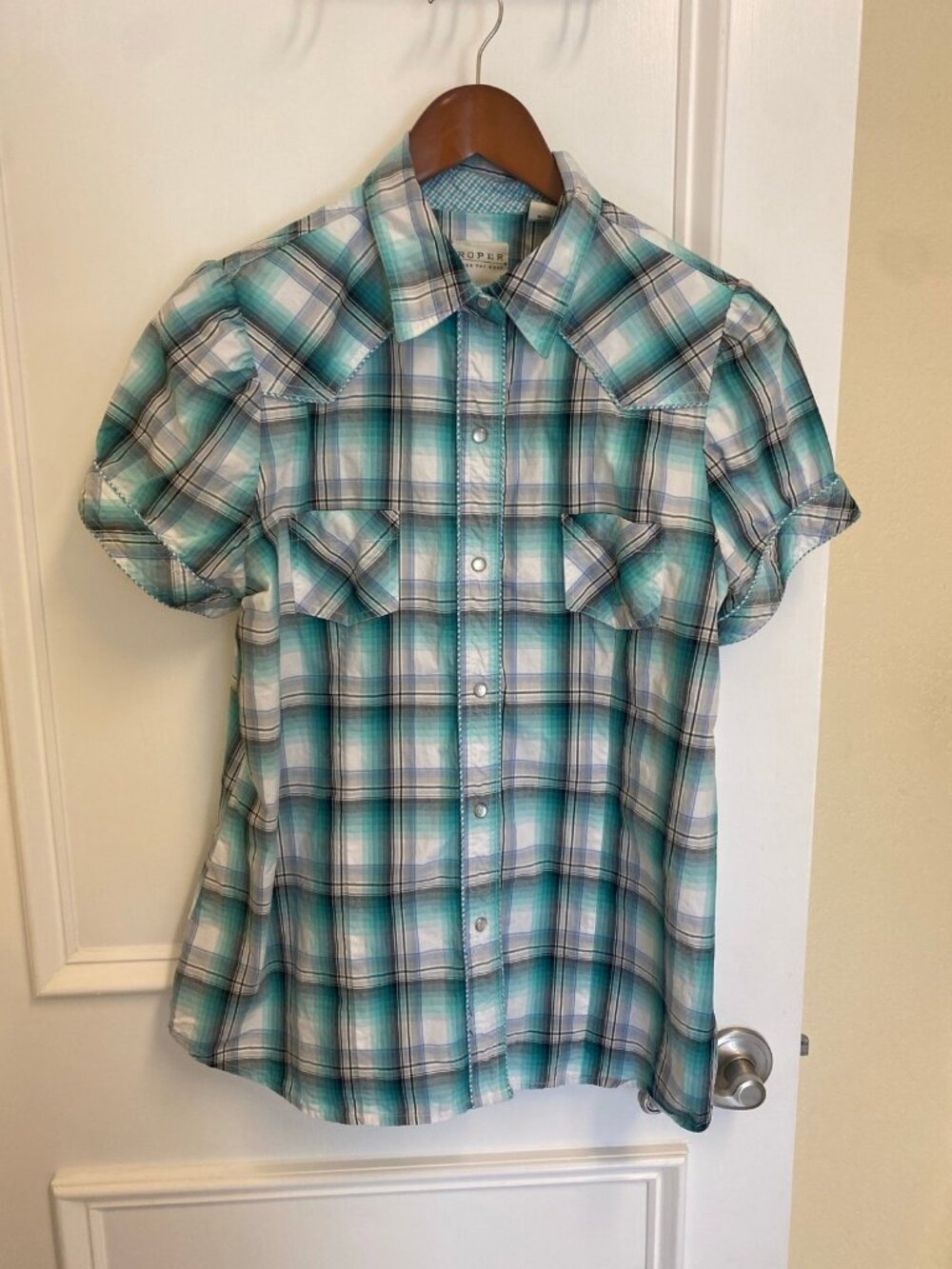 Roper Women's Turquoise White Plaid Western Cowgirl Pearl Snap Shirt Large